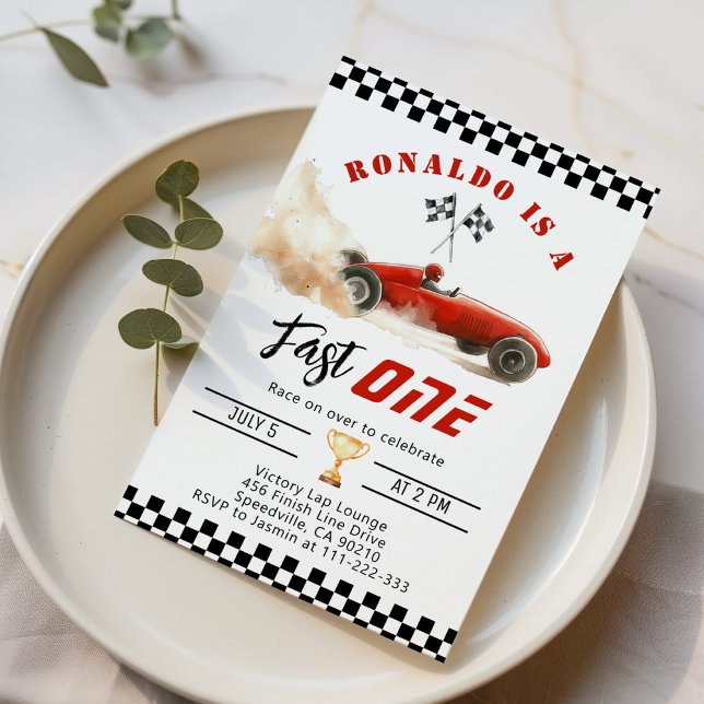 Invitation Une voiture de course rouge rapide garçon 1er anni (Créateur téléchargé)