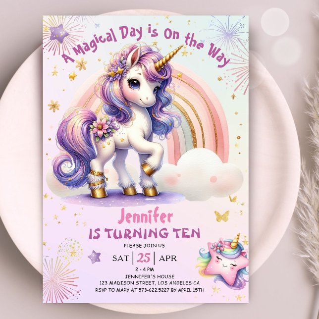 Invitation Unicorn 10e anniversaire fille pourpre or arc-en-c (#UnicornBirthdayInvitation #UnicornBirthdayInvitationTemplate #UnicornBirthdayInvitationEditable 
)