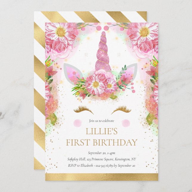 Invitation Unicorn 1er anniversaire Pink Gold Parties scintil (Devant / Derrière)
