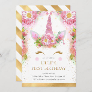 Invitation Unicorn 1er anniversaire Pink Gold Parties scintil