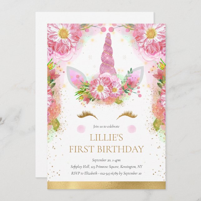 Invitation Unicorn 1er anniversaire Pink Gold Parties scintil (Devant / Derrière)