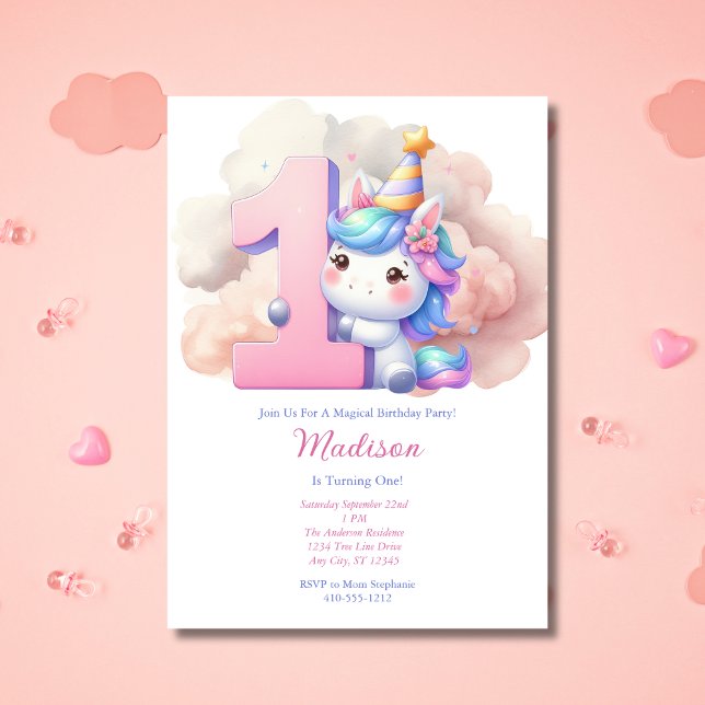 Invitation Unicorn 1ère fille rose bleu pourpre Anniversaire (Unicorn 1st First Birthday party Invitation. Girls, Pink blue purple, watercolor. Printed or Digital)