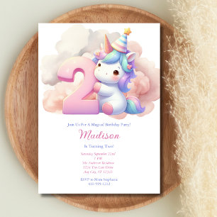 Invitation Unicorn 2ème fille rose bleu pourpre Anniversaire