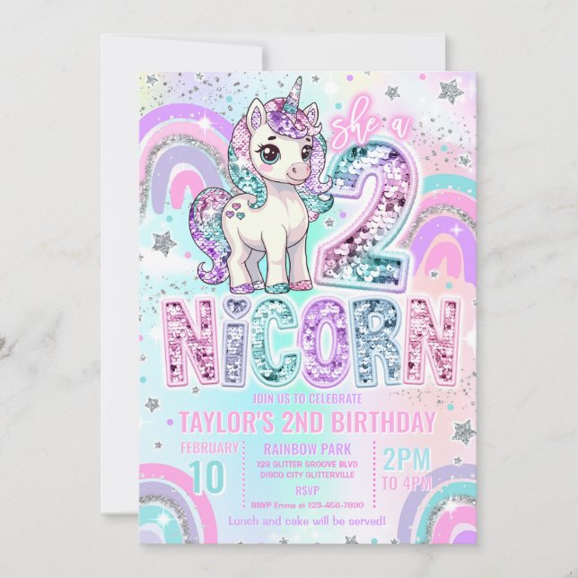 Invitation Unicorn 2nd Birthday Two-nicorn Rainbow Glitter (Devant)