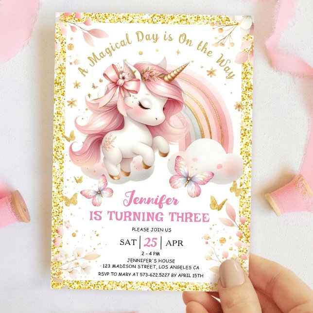 Invitation Unicorn 3e fête d'anniversaire fille Blush rose &  (Créateur téléchargé)