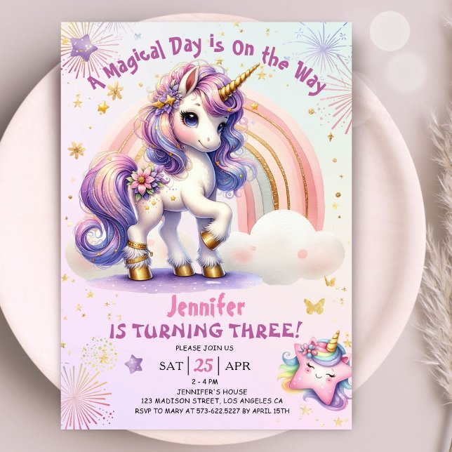 Invitation Unicorn 3ème anniversaire fille violet or arc-en-c (#UnicornBirthdayInvitation #UnicornBirthdayInvitationTemplate #UnicornBirthdayInvitationEditable )