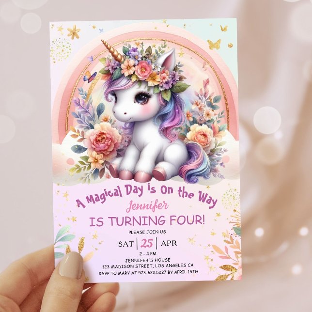 Invitation Unicorn 4e anniversaire fille rose floral arc-en-c (#UnicornBirthdayInvitation #UnicornBirthdayInvitationTemplate #UnicornBirthdayInvitationEditable 
)