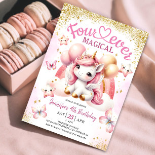 Invitation Unicorn 4e anniversaire fille rose or arc-en-ciel
