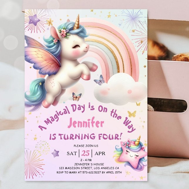 Invitation Unicorn 4e anniversaire fille violet rose arc-en-c (#UnicornBirthdayInvitation #UnicornBirthdayInvitationTemplate #UnicornBirthdayInvitationEditable)