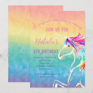 Invitation Unicorn 5e anniversaire fille rose magique cinquiè