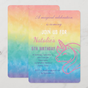 Invitation Unicorn 5e anniversaire fille rose magique cinquiè