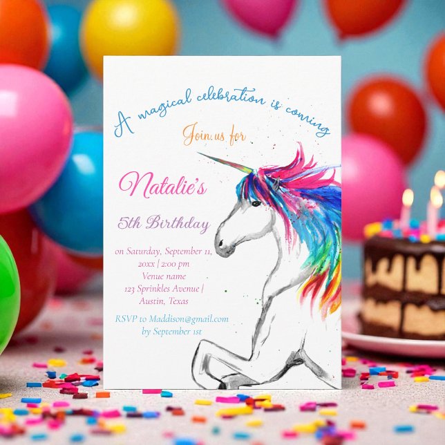 Invitation Unicorn 5e anniversaire fille rose magique cinquiè (Créateur téléchargé)