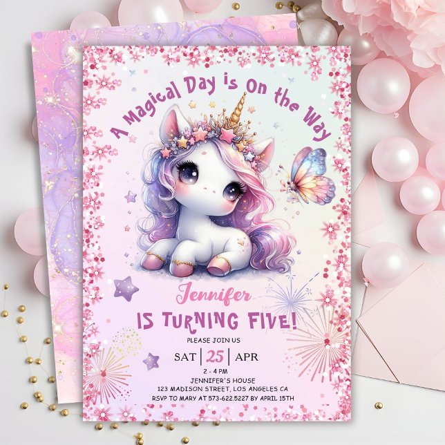 Invitation Unicorn 5e fête d'anniversaire fille rose pourpre (#UnicornBirthdayInvitation #UnicornBirthdayInvitationTemplate #UnicornBirthdayInvitationEditable )