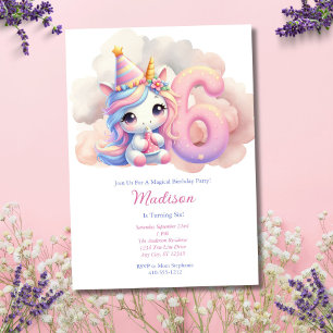 Invitation Unicorn 6ème Anniversaire de la sixième fille rose