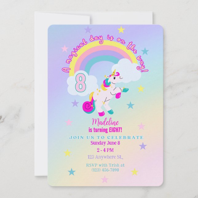 Invitation Unicorn 8 Anniversaire personnalisable (Devant)