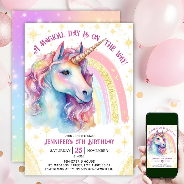 Invitation Unicorn 8e anniversaire Gold rose Magique Arc-en-c (#UnicornBirthdayInvitation #UnicornBirthdayInvitationTemplate #UnicornBirthdayInvitationEditable 
)