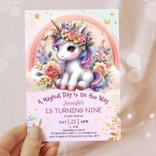 Invitation Unicorn 9e anniversaire fille rose floral arc-en-c