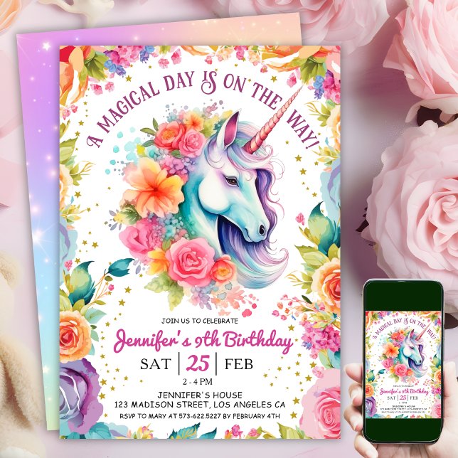 Invitation Unicorn 9e anniversaire Floral Arc-en-ciel et étoi (#UnicornBirthdayInvitation #UnicornBirthdayInvitationTemplate #UnicornBirthdayInvitationEditable 
)