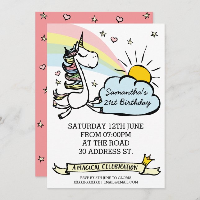 Invitation Unicorn Anniversaire (Devant / Derrière)