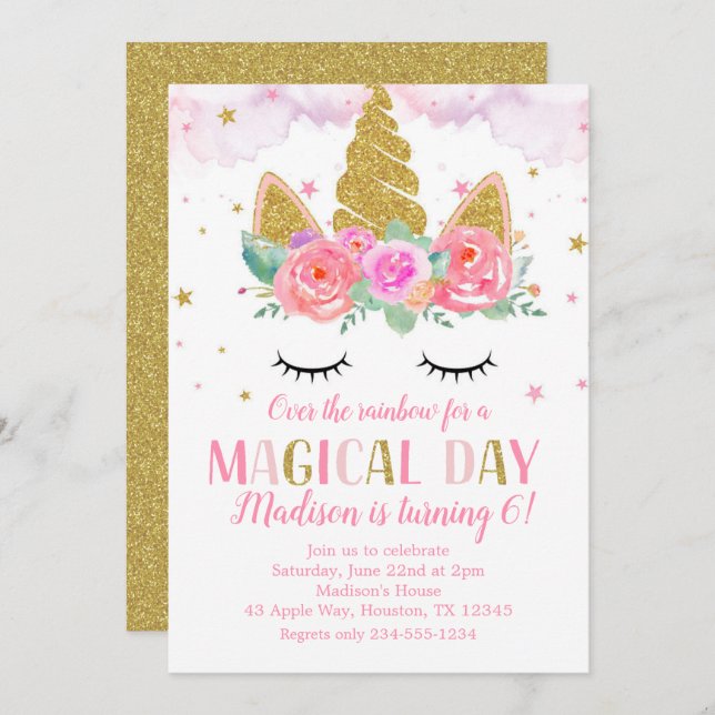 Invitation Unicorn Anniversaire fête Gold Parties scintillant (Devant / Derrière)
