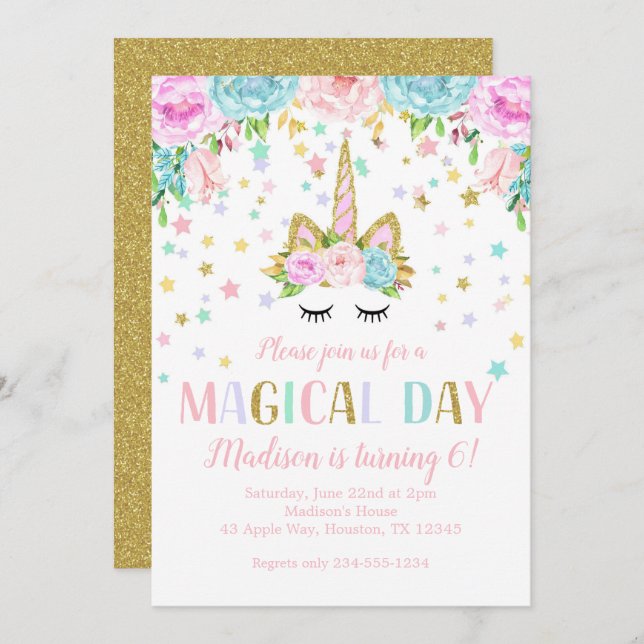 Invitation Unicorn Anniversaire fête Gold Parties scintillant (Devant / Derrière)