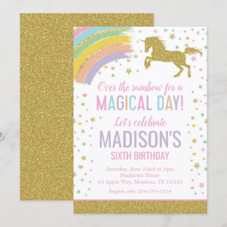 Invitation Unicorn Anniversaire fête Rainbow Gold Parties sci