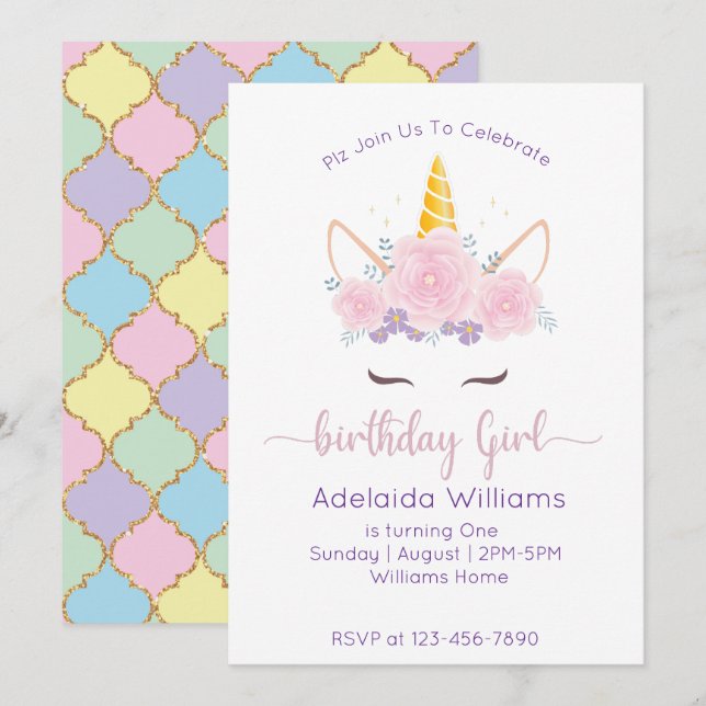 Invitation Unicorn Anniversaire fille (Devant / Derrière)