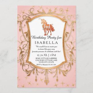 Invitation Unicorn Anniversaire Fille Princesse Rose Or