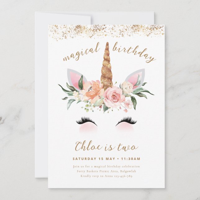 Invitation Unicorn Anniversaire Invitation, Floral Pink Gold  (Devant)