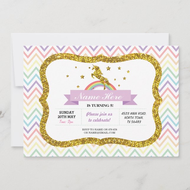 Invitation Unicorn Anniversaire Parties scintillant d'or Rain (Devant)