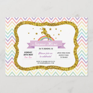 Invitation Unicorn Anniversaire Parties scintillant d'or Rain