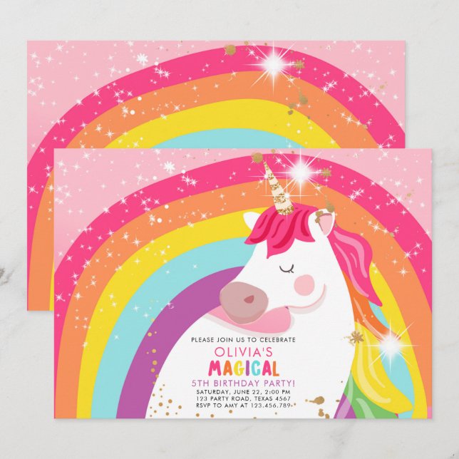 Invitation Unicorn Anniversaire Rainbow Party Magical Girl In (Devant / Derrière)