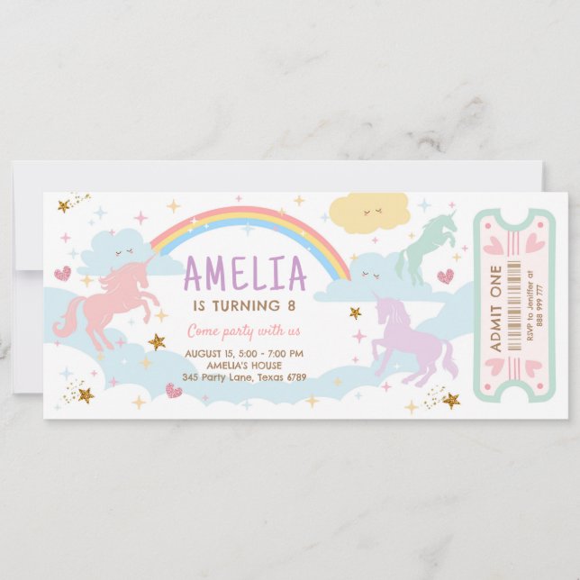 Invitation Unicorn Anniversaire Rainbow Pastel Billet magique (Devant)