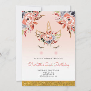 Invitation Unicorn Aquarelle Florales Fille Pêche Parties sci
