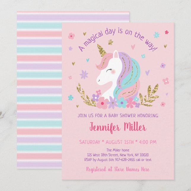 Invitation Unicorn Arc en ciel rose or Baby shower Floral (Devant / Derrière)