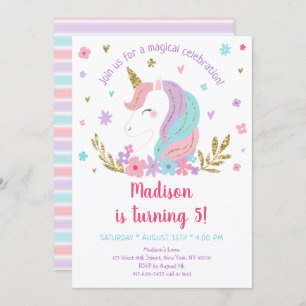 Invitation Unicorn Arc en ciel rose or fleuri Wreath Annivers