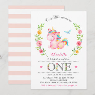 Invitation Unicorn Baby Girl Floral 1er fête d'anniversaire