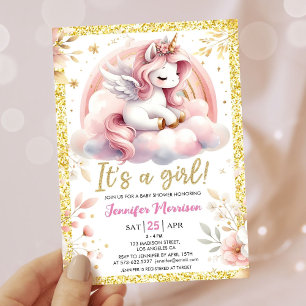 Invitation Unicorn Baby shower fille rose et or fée