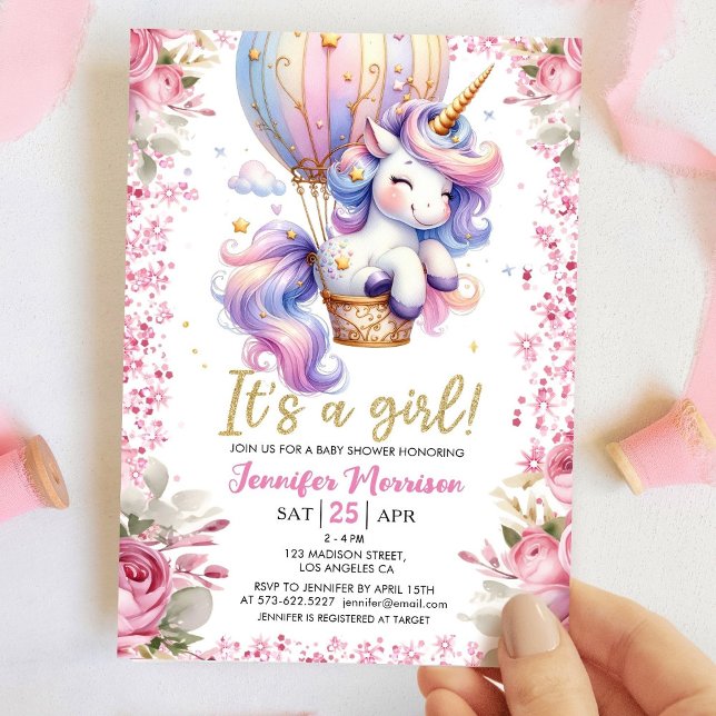 Invitation Unicorn Baby shower Girl rose floral ballon (Créateur téléchargé)
