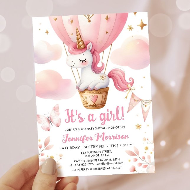 Invitation Unicorn Baby shower Girl rose Hot Air Balloon (Créateur téléchargé)