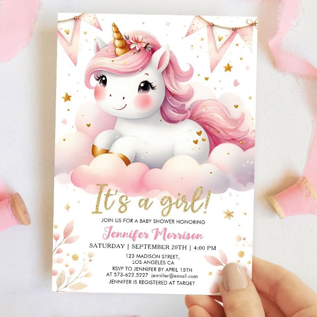 Invitation Unicorn Baby Shower Girl Rose Magique Unicorn (Créateur téléchargé)