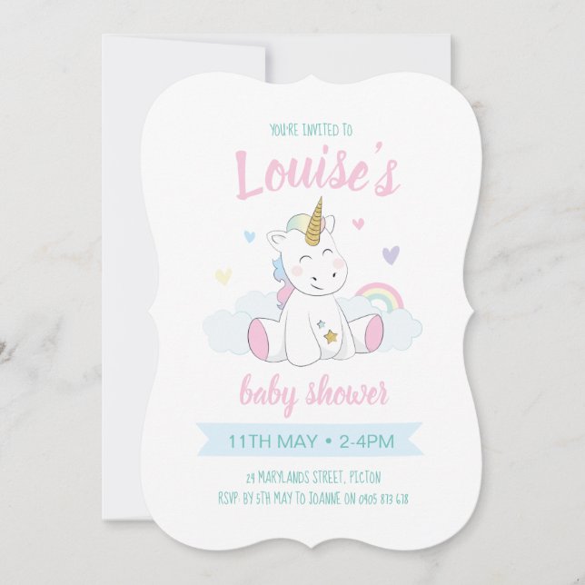 Invitation Unicorn baby shower Invitation, unicorn mignon (Devant)