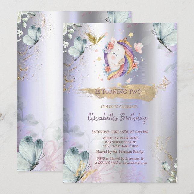 Invitation Unicorn Bleu Papillons Violet Metallday (Devant / Derrière)