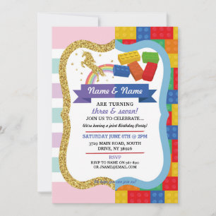 Invitation Unicorn & Blocks Joint Boy Girl Birthday Invitatio