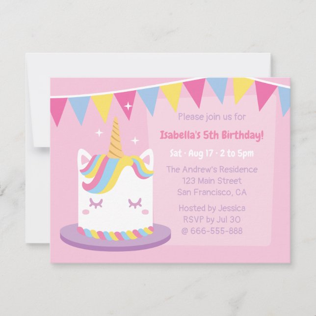 Invitation Unicorn Cake Bunting drapeaux Filles fête d'annive (Devant)