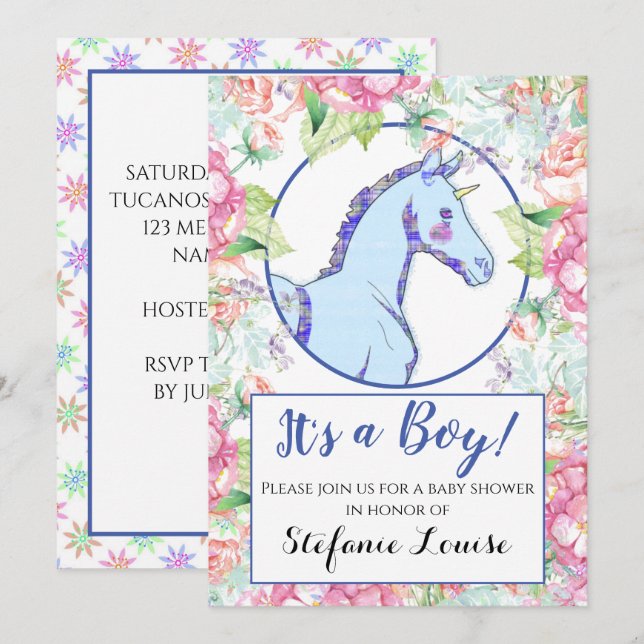 Invitation Unicorn Cartoon Blue Splatter C'est un garçon ! (Devant / Derrière)