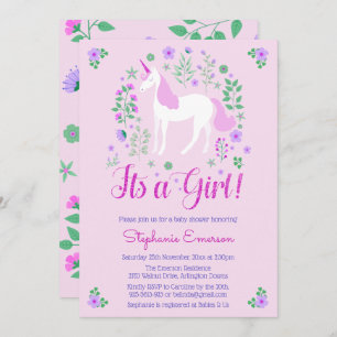 Invitation Unicorn C'Est Une Fille Rose Baby shower Invitatio