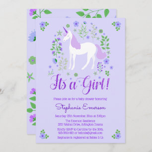 Invitation Unicorn C'Est Une Fille Violet Baby shower Invitat