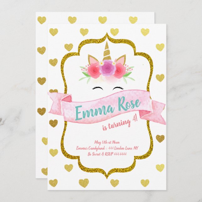 Invitation Unicorn Coeur fête d'anniversaire (Devant / Derrière)