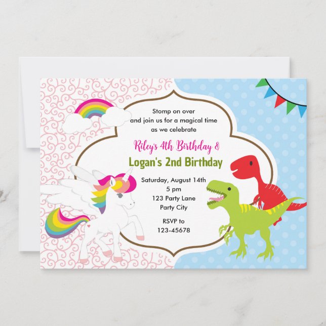 Invitation Unicorn & Dinosaur Joint Boy Girl Birthday Invitat (Devant)